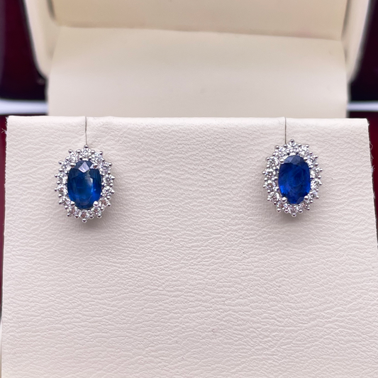 18ct White Gold Natural Blue Sapphire & Diamond Oval Cluster Earrings 1.18ct 