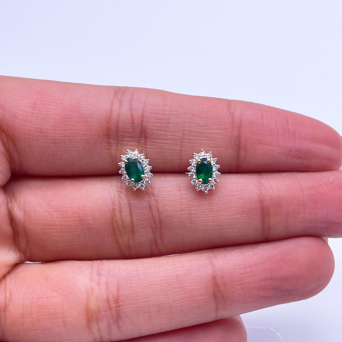 18ct Yellow Gold Natural Green Emerald & Diamond Oval Cluster Earrings 0.56ct