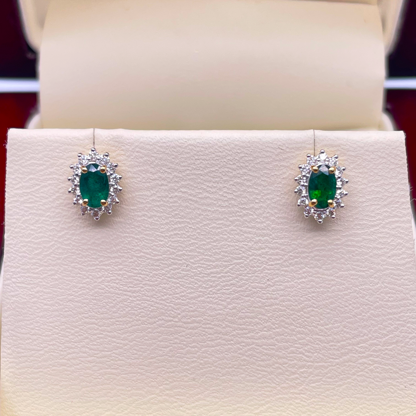 18ct Yellow Gold Natural Green Emerald & Diamond Oval Cluster Earrings 0.56ct