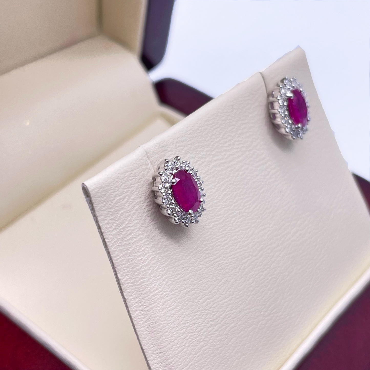 18ct White Gold Natural Red Ruby & Diamond Oval Cluster Earrings 1.13ct