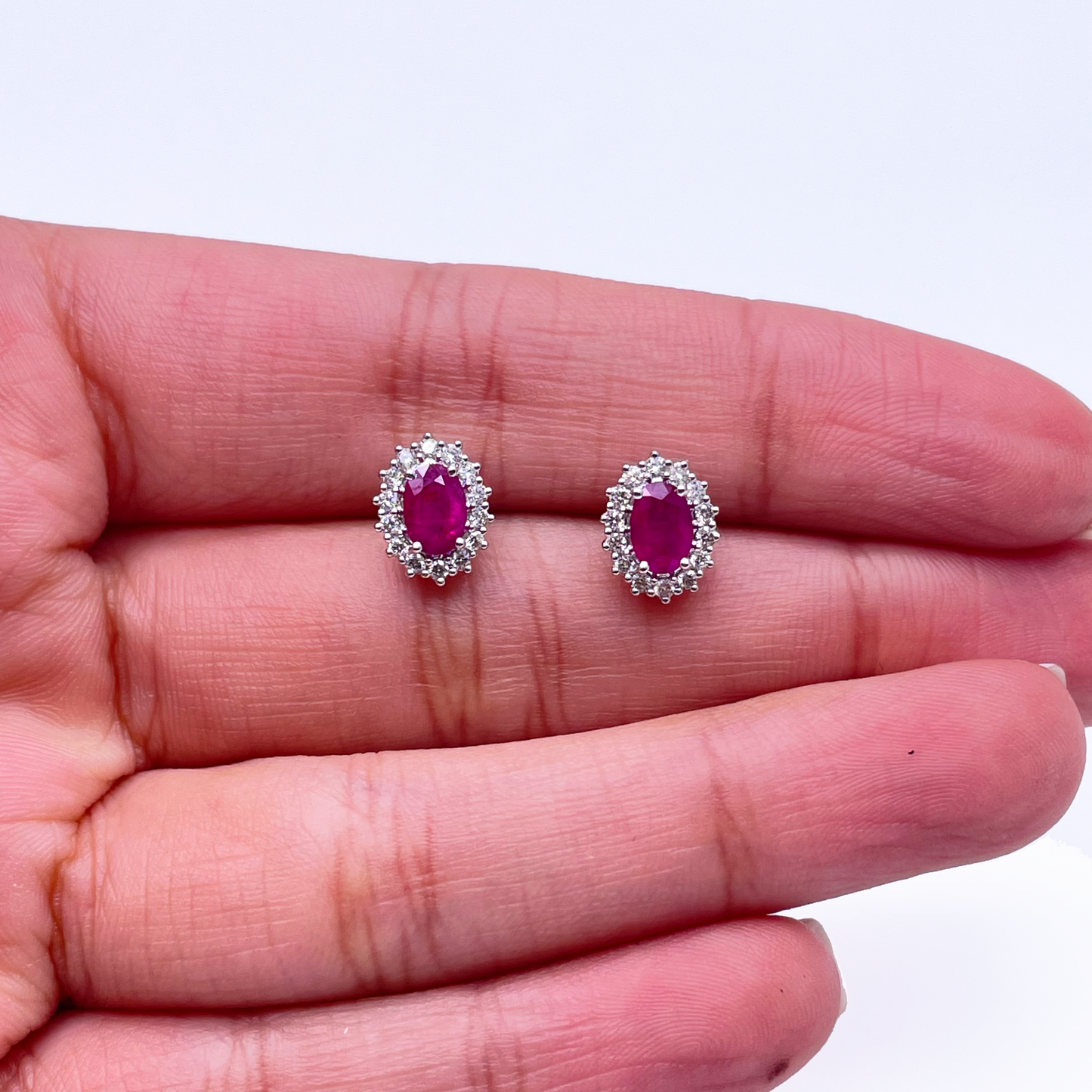 18ct White Gold Natural Red Ruby & Diamond Oval Cluster Earrings 1.13ct