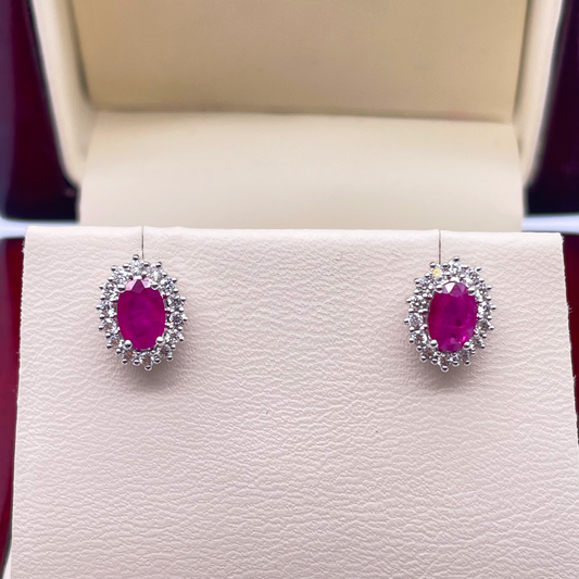 18ct White Gold Natural Red Ruby & Diamond Oval Cluster Earrings 1.13ct