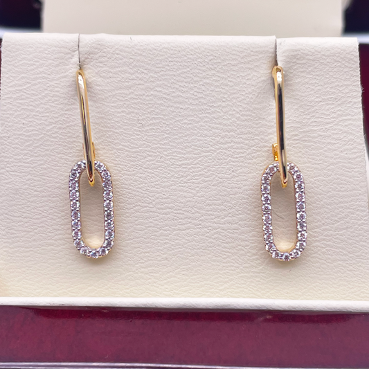 14ct Yellow Gold Paper Clip Link Pave Diamond Earrings 0.30ct