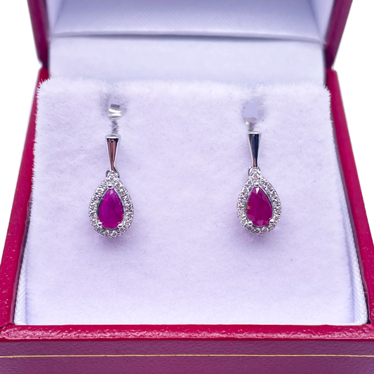 18ct White Gold Natural Red Ruby & Diamond Oval Cluster Earrings 0.53ct