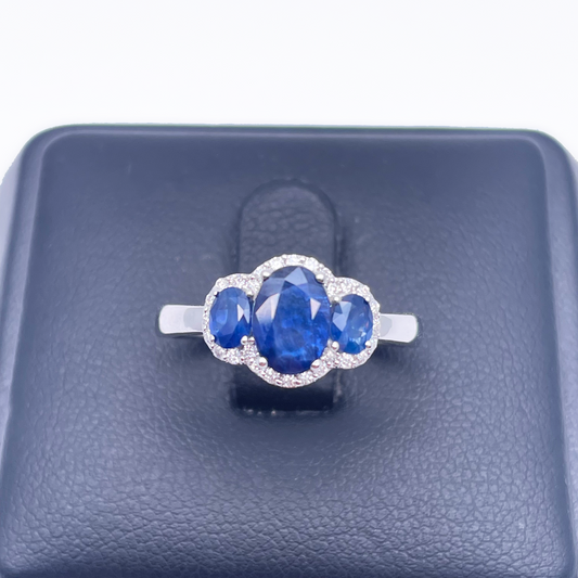 18ct White Gold Three-Stone Blue Sapphire & Diamond Cluster Oval Ring 1.76ct