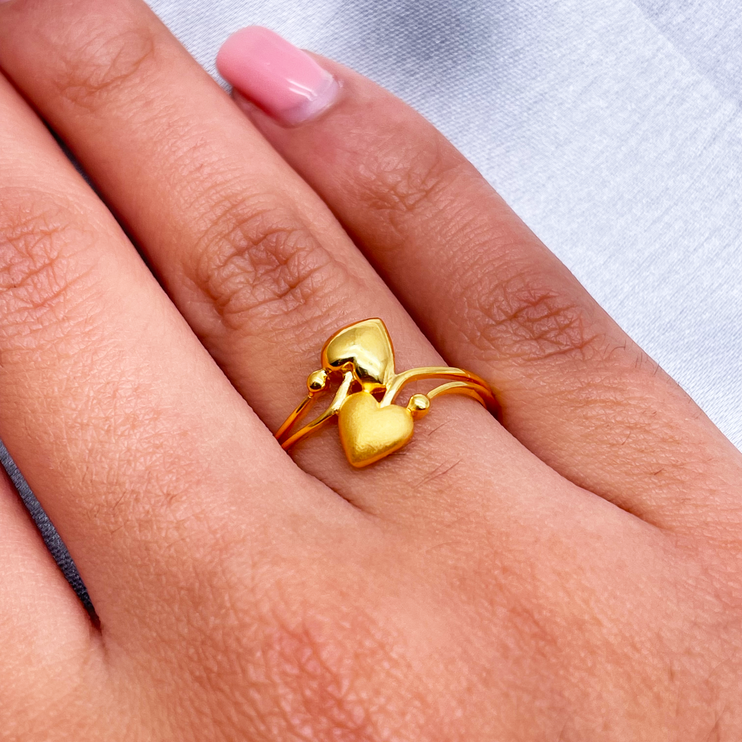 22ct Yellow Gold Polished & Matt Double Heart Minimalist Ring