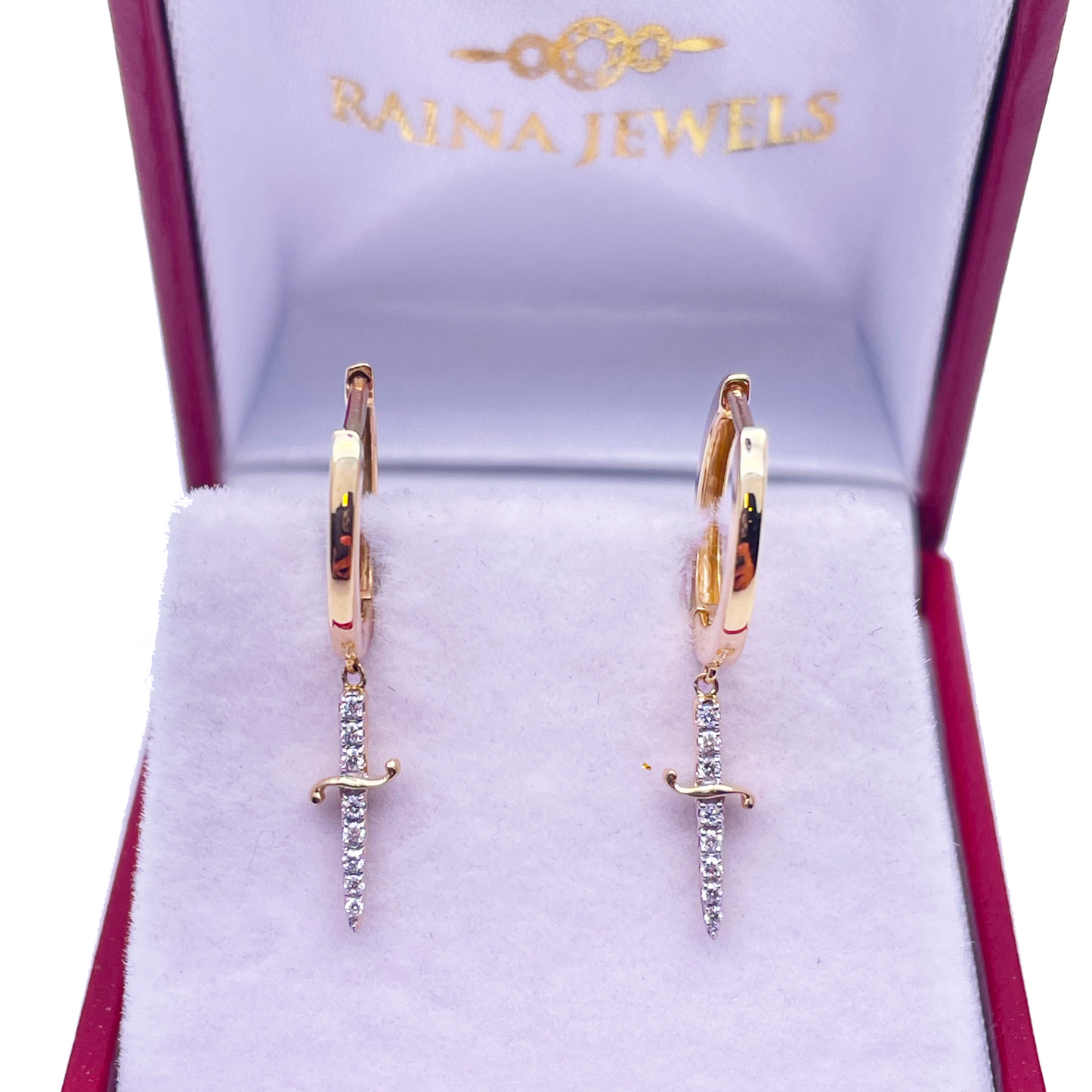 14ct Yellow Gold & Diamond Drop Sword Hoop Earrings 0.08ct