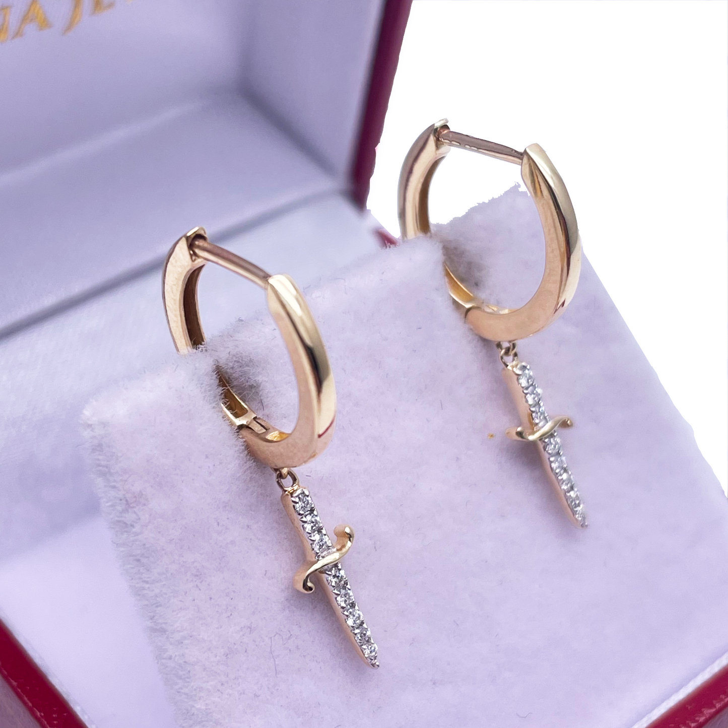 14ct Yellow Gold & Diamond Drop Sword Hoop Earrings 0.08ct