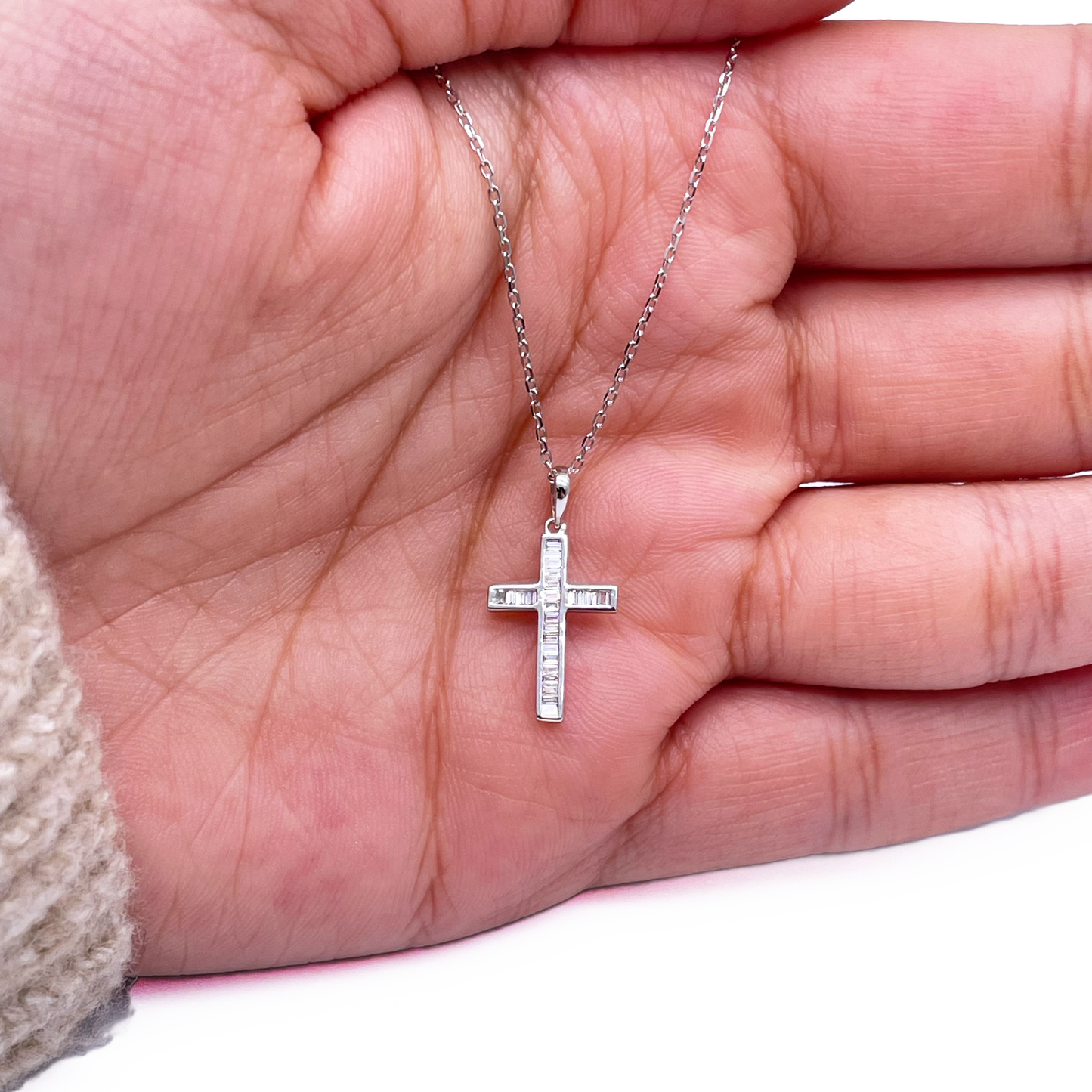 14ct White Gold Baguette Diamond Cross Pendant 0.12ct