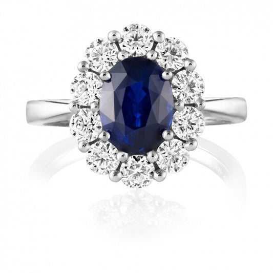 18ct White Gold Natural Blue Sapphire & Diamond Oval Cluster Ring 1.40ct