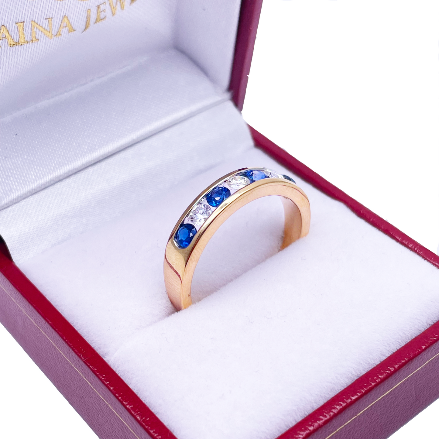 18ct White Gold Diamond & Blue Sapphire 7 Stone Half Eternity Ring 0.91ct