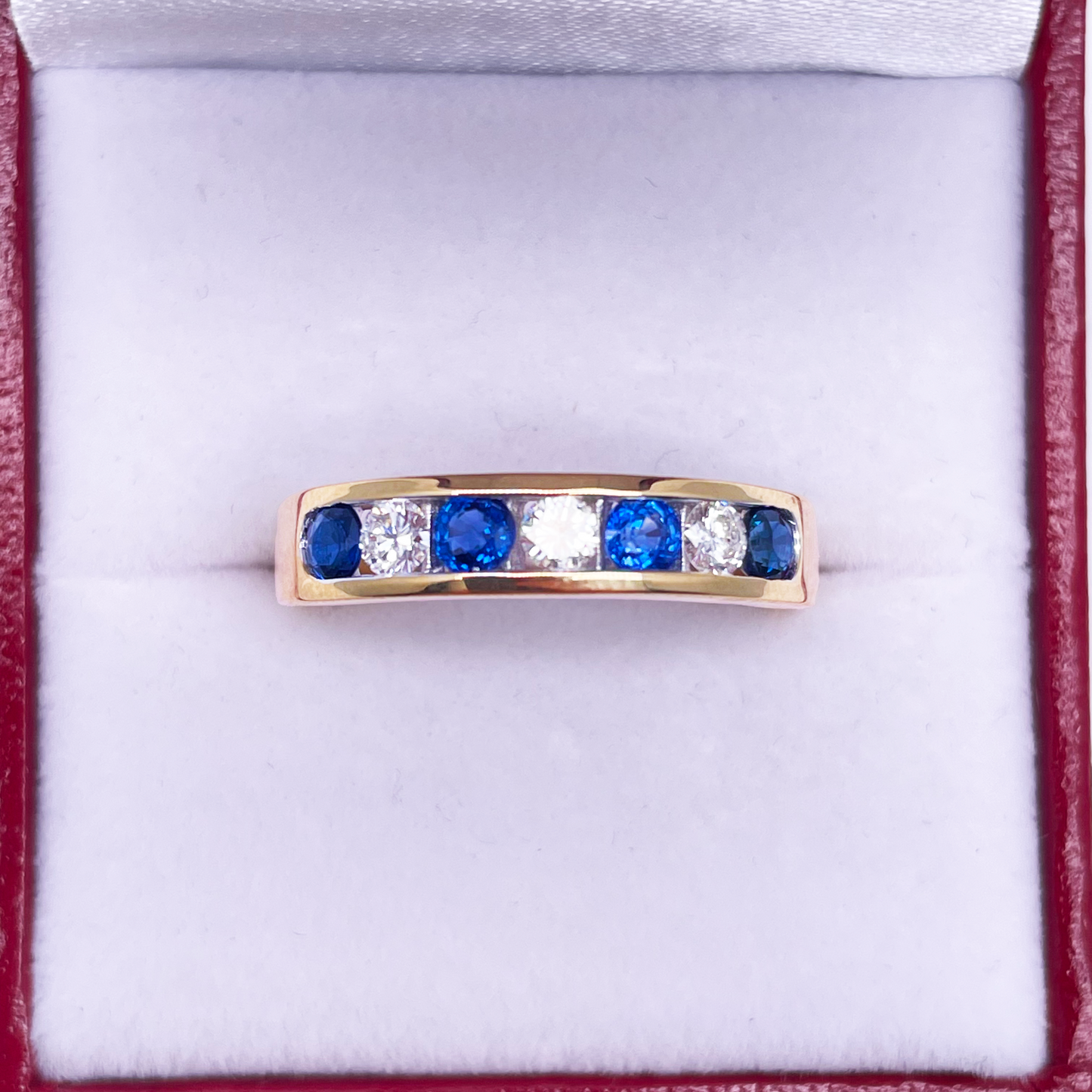 18ct White Gold Diamond & Blue Sapphire 7 Stone Half Eternity Ring 0.91ct