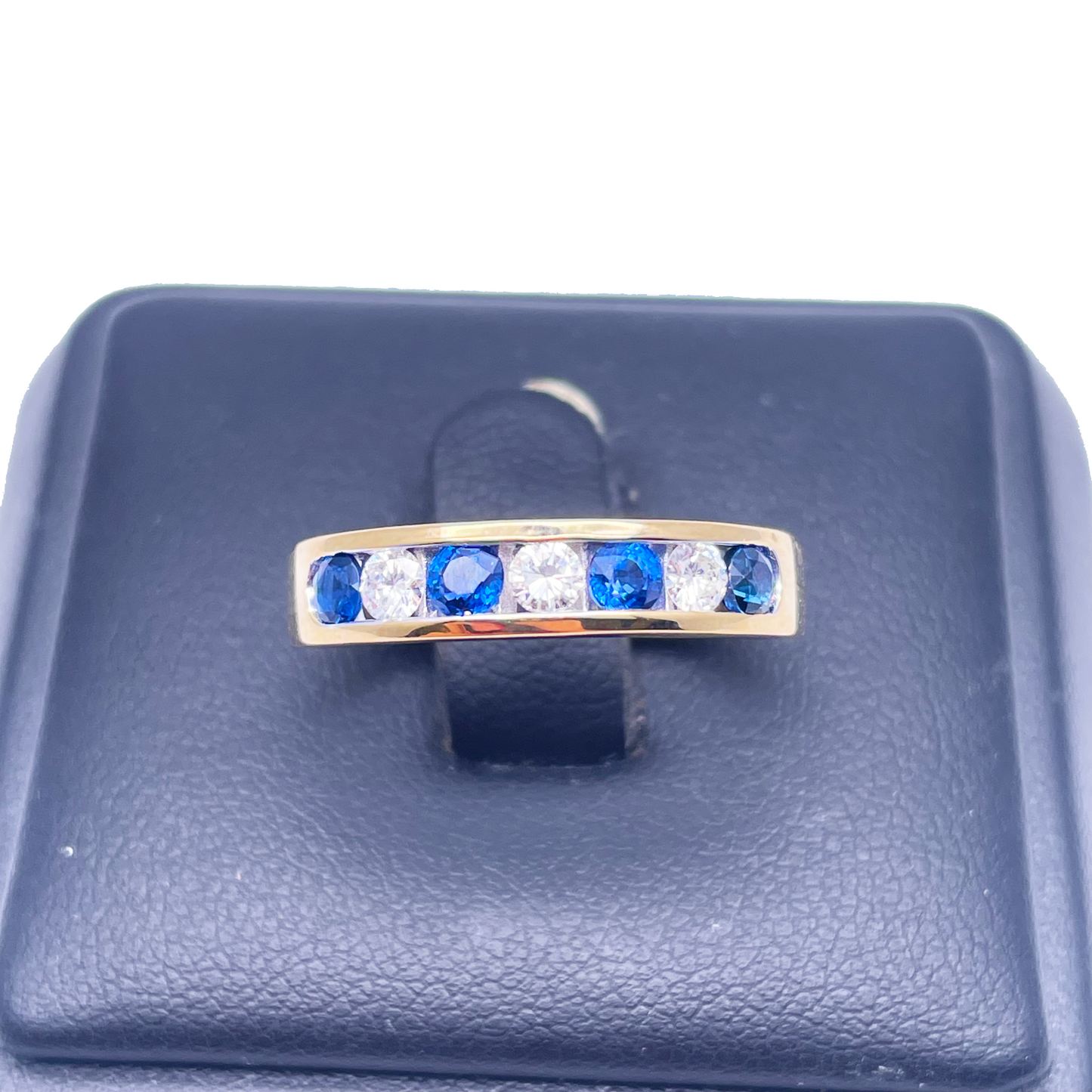 18ct White Gold Diamond & Blue Sapphire 7 Stone Half Eternity Ring 0.91ct