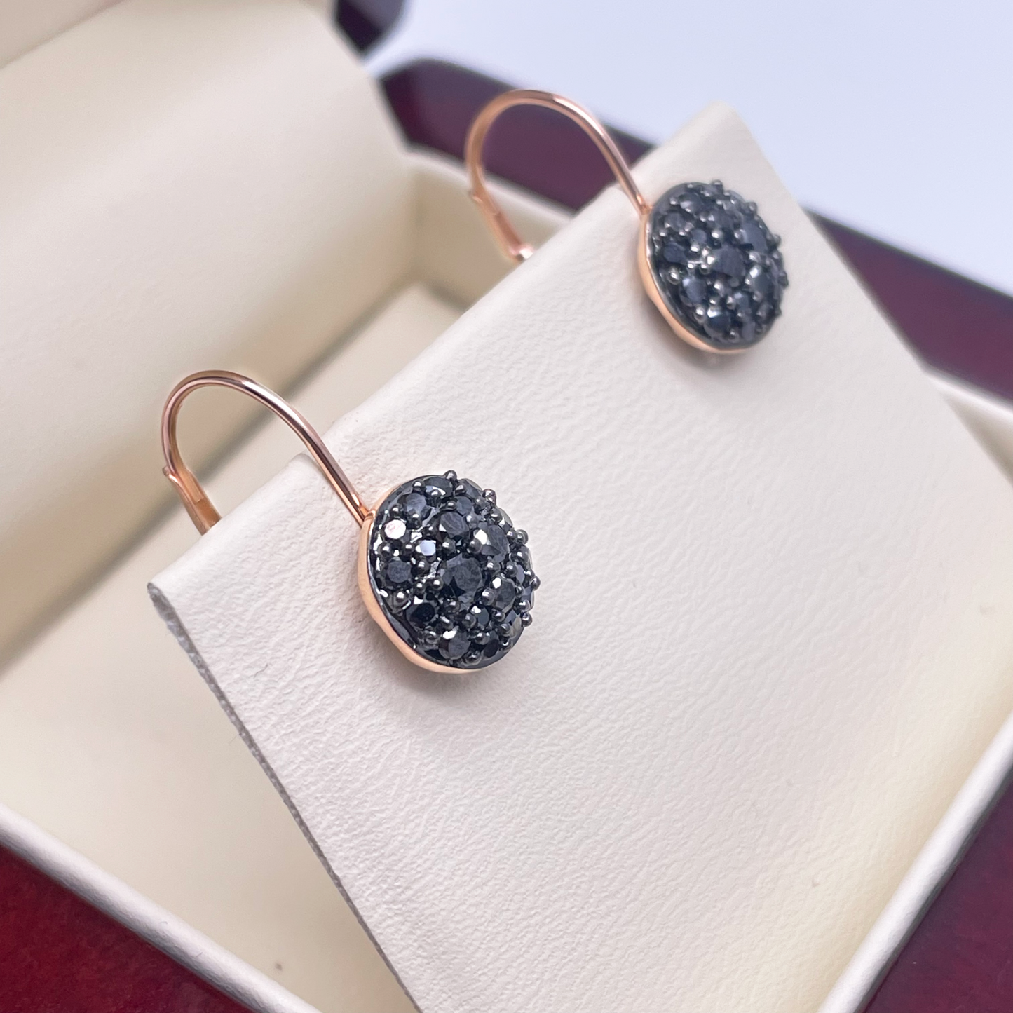 18ct Rose Gold Black Round Diamonds Pair Drop Earrings 0.83ct