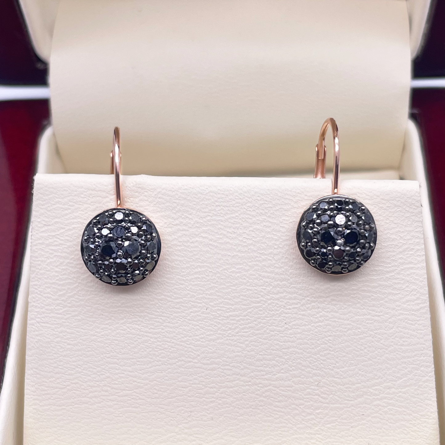 18ct Rose Gold Black Round Diamonds Pair Drop Earrings 0.83ct