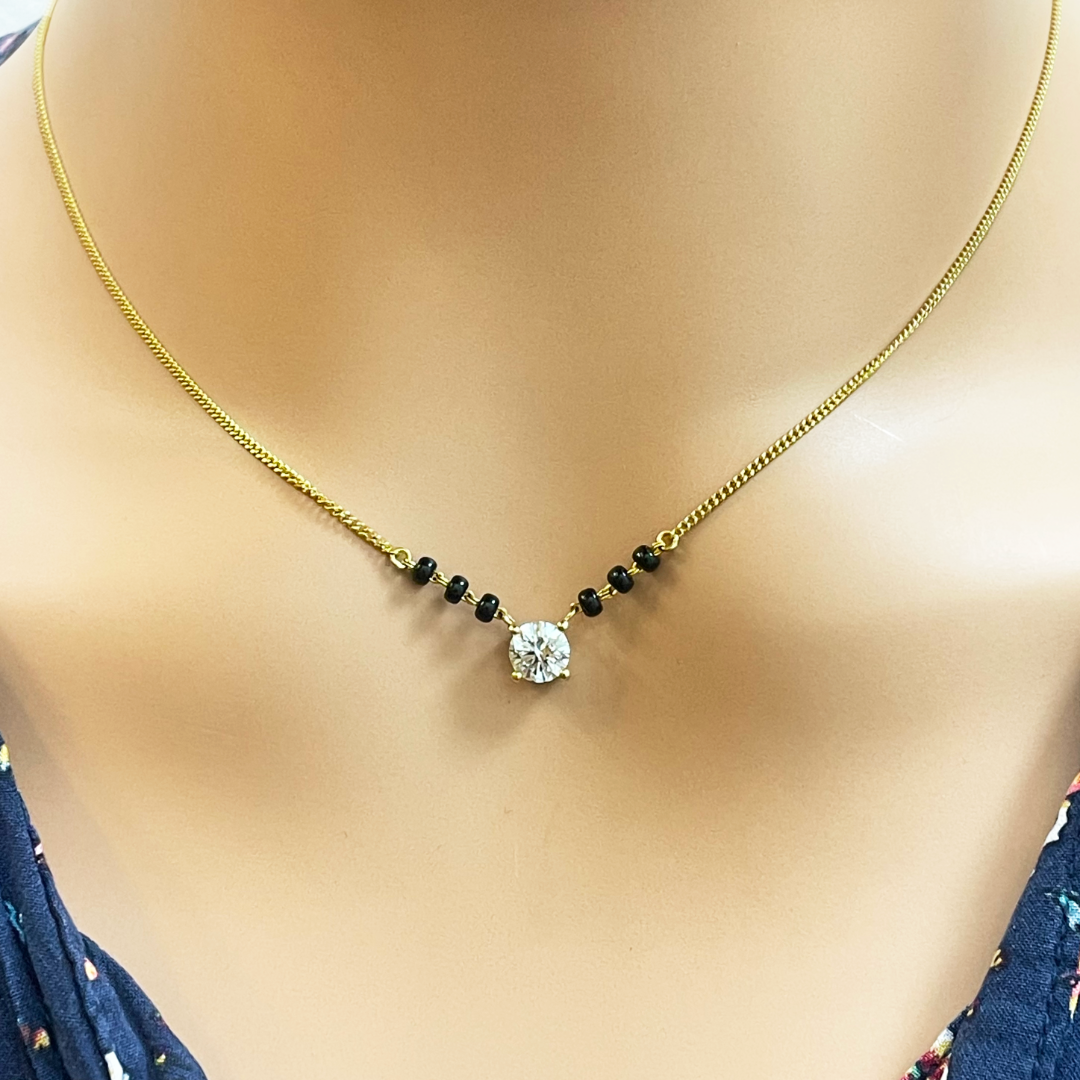 18ct Yellow Gold Lab Grown Diamond 0.70ct Black Beads Solitaire Mangalsutra Necklace