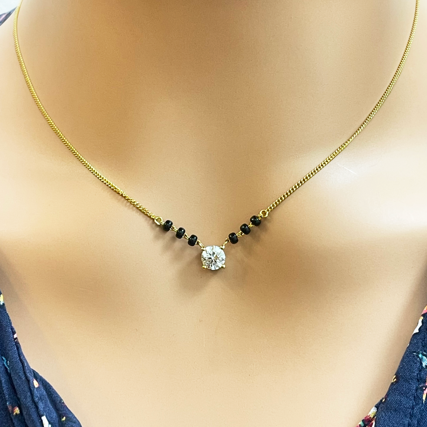 18ct Yellow Gold Lab Grown Diamond 0.50ct Black Beads Mangalsutra Necklace