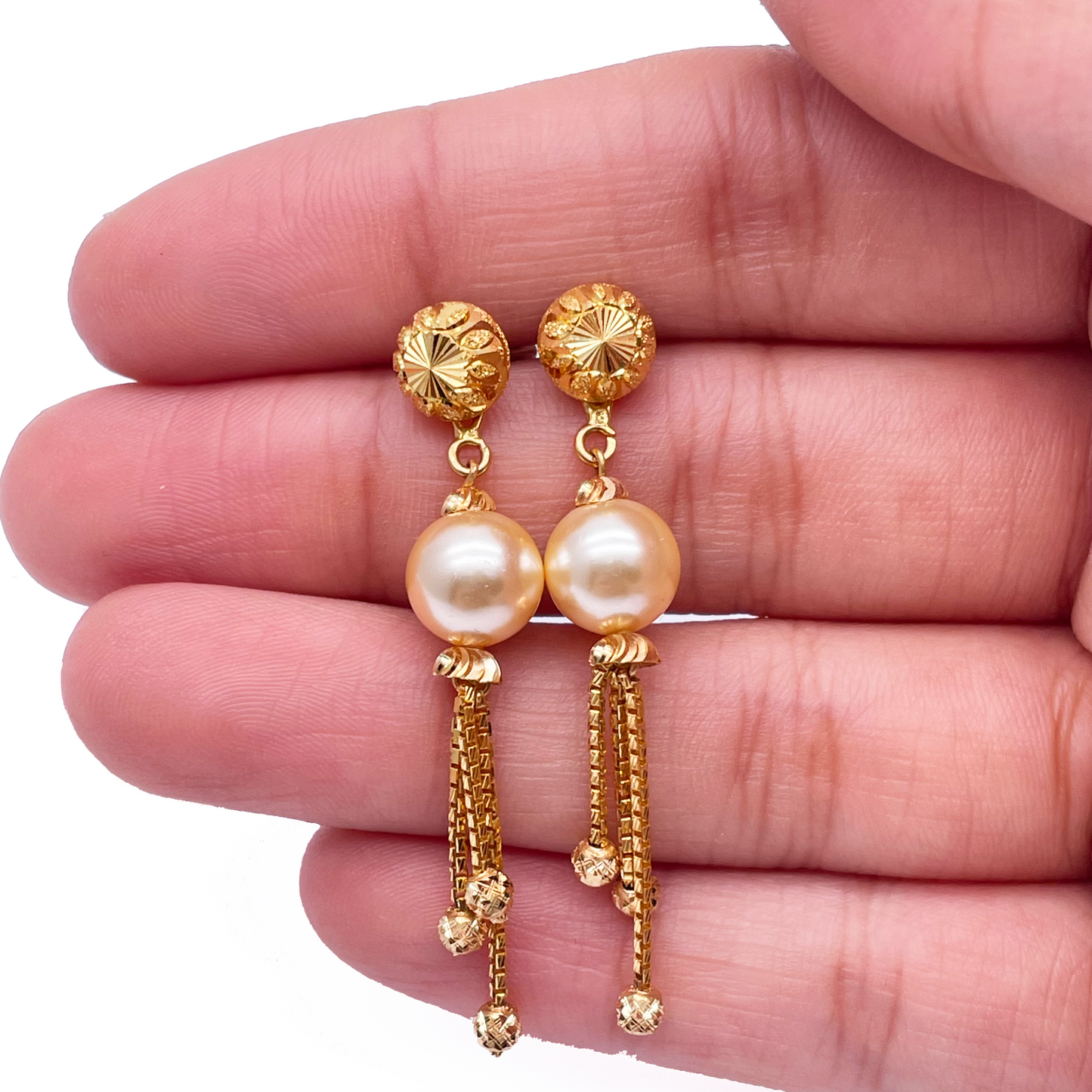 22ct Yellow Gold Pearls Diamond Cut Tassel Earrings 1.7'' Inches