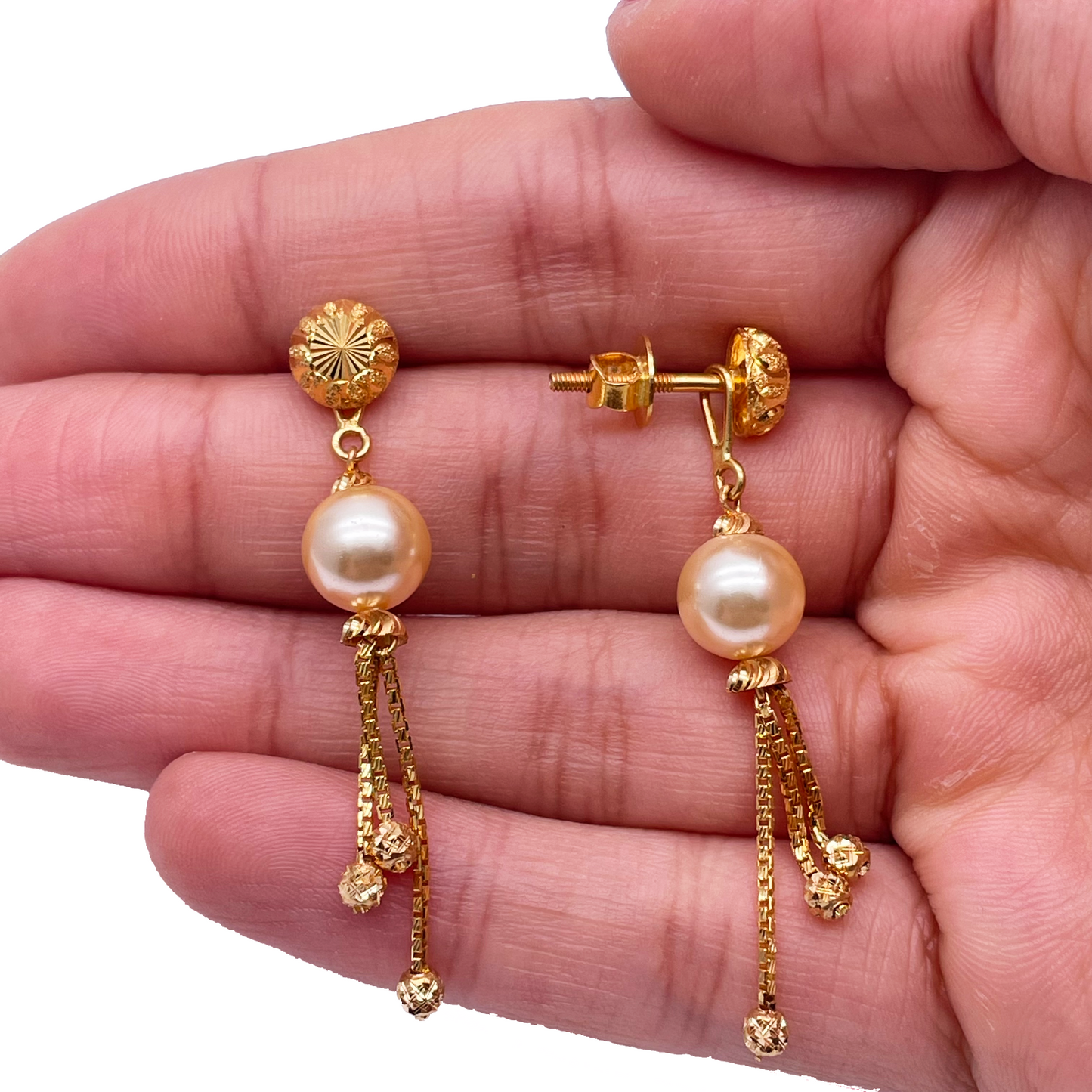 22ct Yellow Gold Pearls Diamond Cut Tassel Earrings 1.7'' Inches