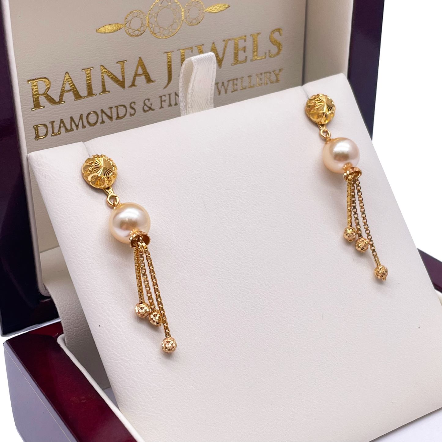 22ct Yellow Gold Pearls Diamond Cut Tassel Earrings 1.7'' Inches