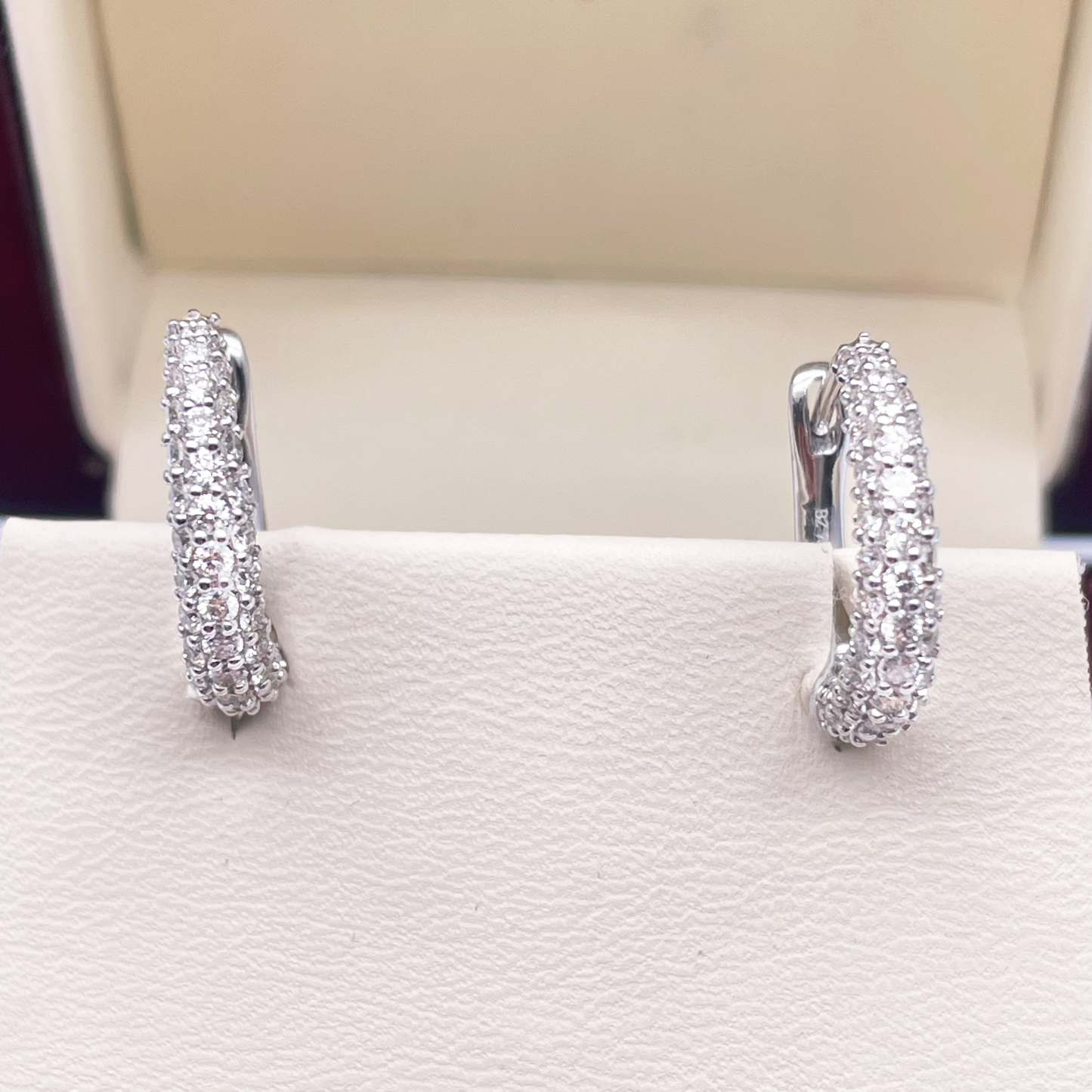 18ct White Gold 3 Row Natural Diamond Pair of Hoop Huggies Earrings 1.38ct