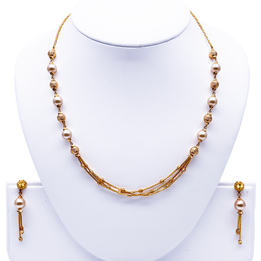 22ct Yellow Gold Pearls & Beaded Diamond Cut Ball Layered Necklace/Earrings Set