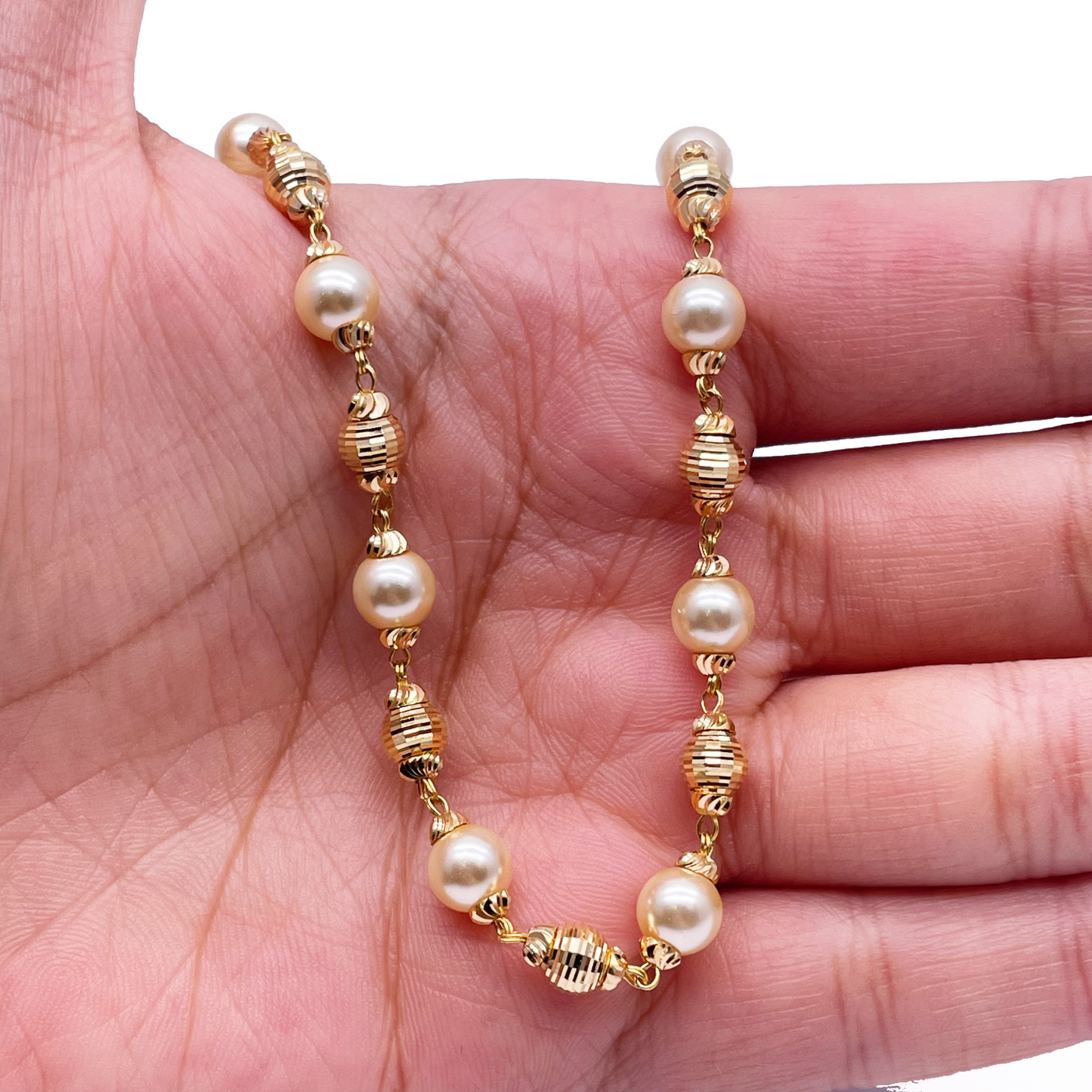 22ct Yellow Gold Pearls & Beaded Diamond Cut Ball Necklace/Earrings Set