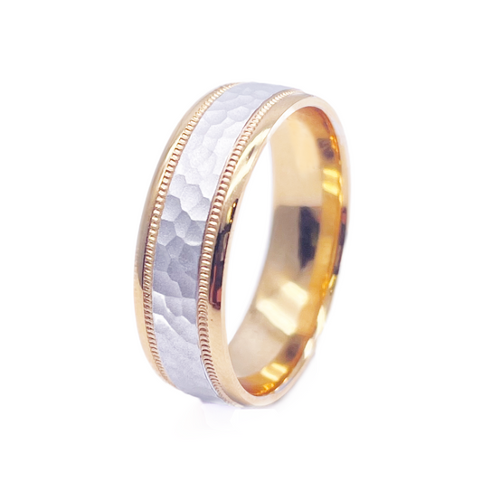 18ct Yellow/White Gold Bicolour Mens Wedding 6mm Band Hammered & Milgrain Middle