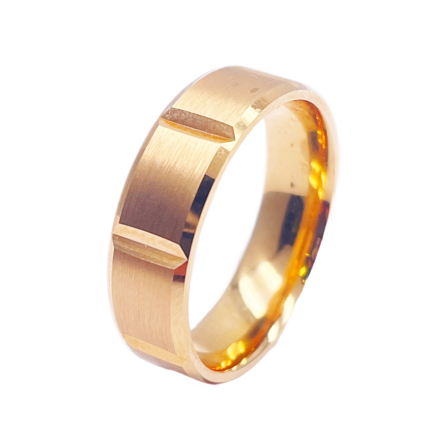 18ct Yellow Mens Wedding 6mm Band Fancy Square Matt Finish Bevelled Groove Edges