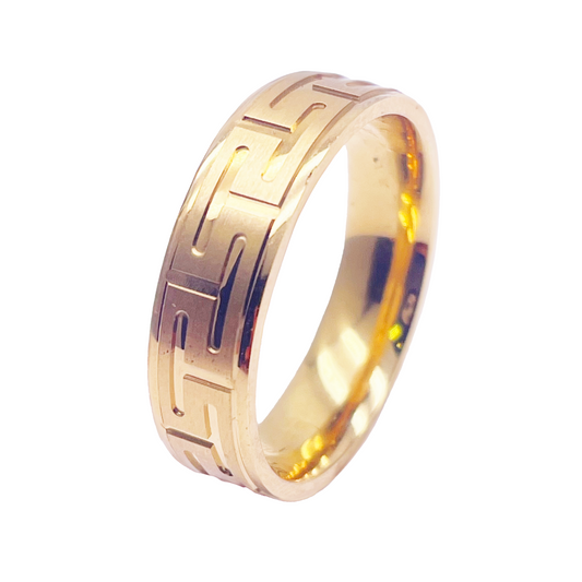 18ct Yellow Gold Mens Wedding 6mm Polished Band With Matt Greek Key Pattern