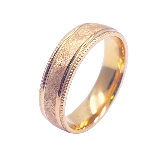 18ct Yellow Gold Mens Wedding 6mm Band Matt Middle and Groves Milgrain Edges