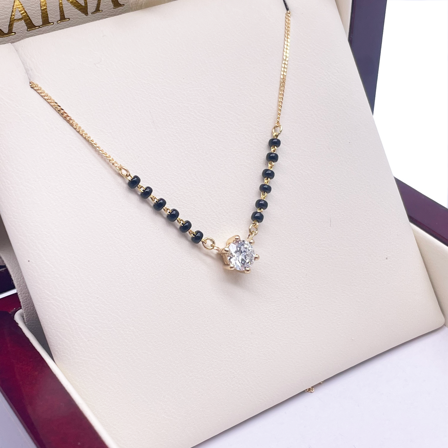 18ct Yellow Gold Lab Grown 6 Claw Diamond 0.70ct Black Beads Mangalsutra Necklace IGI Certified