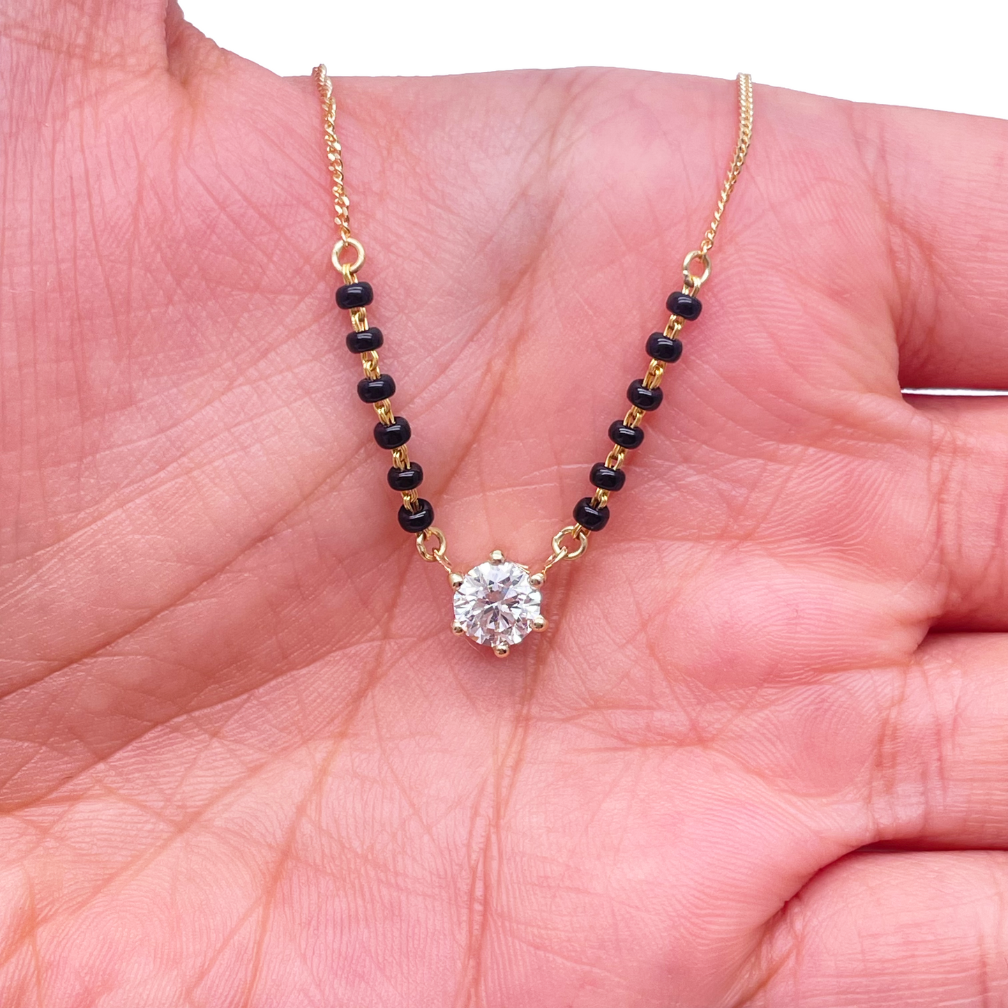 18ct Yellow Gold Lab Grown 6 Claw Diamond 0.70ct Black Beads Mangalsutra Necklace IGI Certified