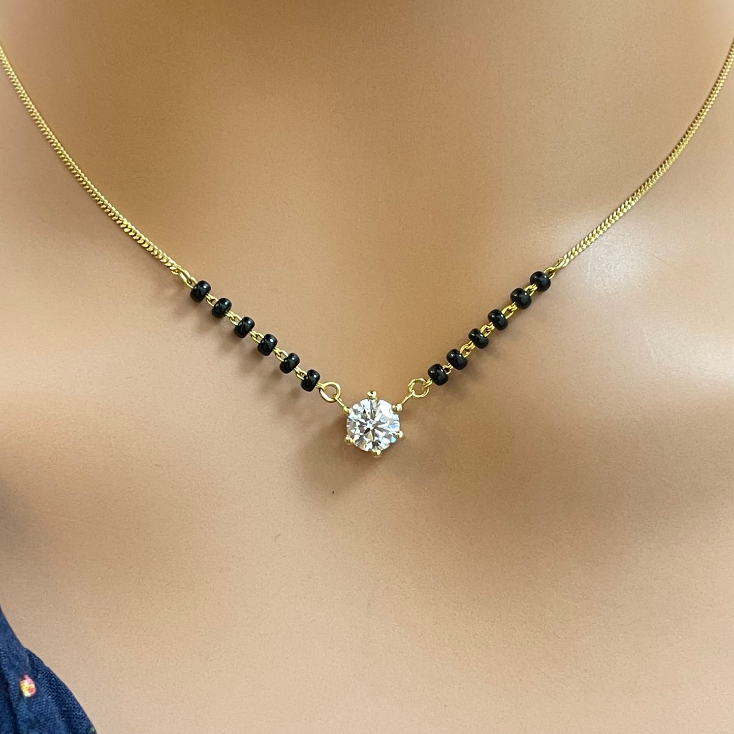 18ct Yellow Gold Lab Grown 6 Claw Diamond 0.70ct Black Beads Mangalsutra Necklace IGI Certified