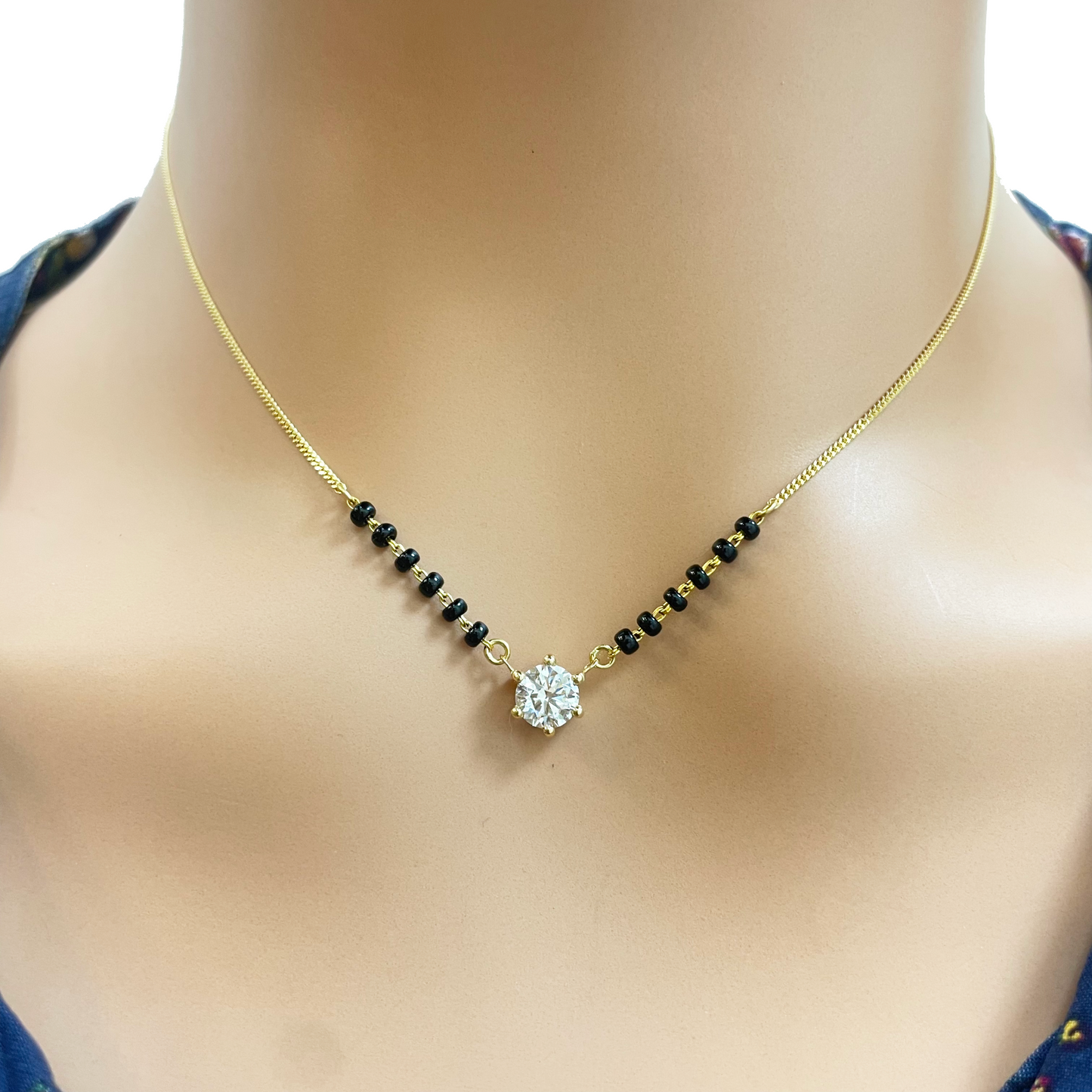 18ct Yellow Gold Lab Grown 6 Claw Diamond 0.70ct Black Beads Mangalsutra Necklace IGI Certified