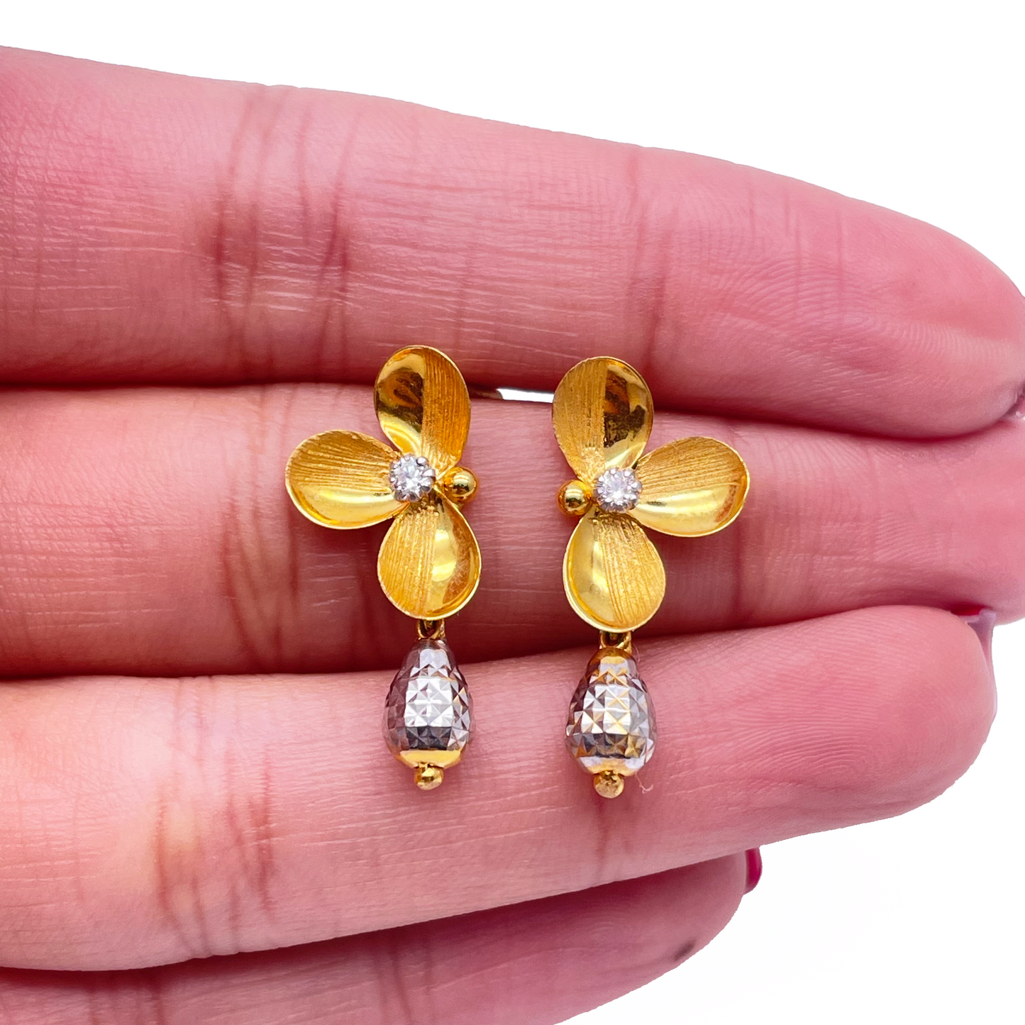 22ct Yellow Gold Cubic Zirconia Fancy Floral Drop Earrings