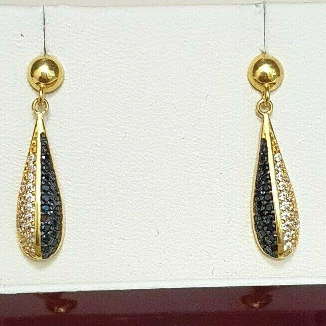 22ct Yellow Gold Black & White Cubic Zirconia Round Cluster Drop Earrings