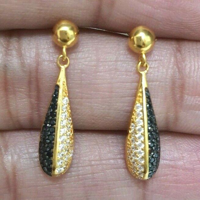 22ct Yellow Gold Black & White Cubic Zirconia Round Cluster Drop Earrings