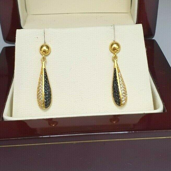 22ct Yellow Gold Black & White Cubic Zirconia Round Cluster Drop Earrings