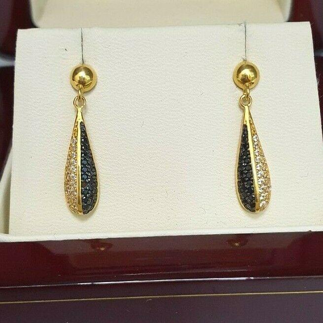 22ct Yellow Gold Black & White Cubic Zirconia Round Cluster Drop Earrings