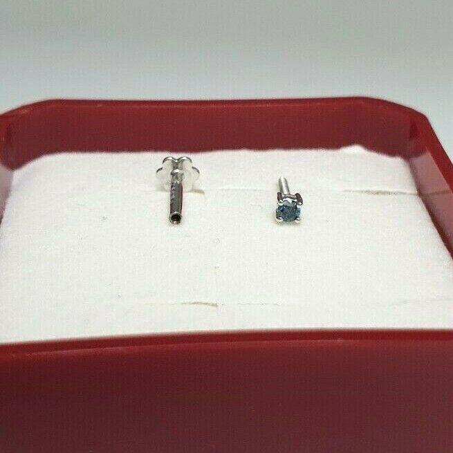 18ct White Gold & Blue Diamond Nose Stud / Nose Pin 0.03 Carats 2.2mm Wide Screw Back