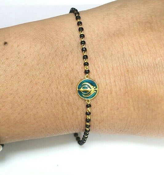 22ct Yellow gold Baby Bracelet Black-beads with Khanda/ Khalsa Pendant 5.5'' Inch