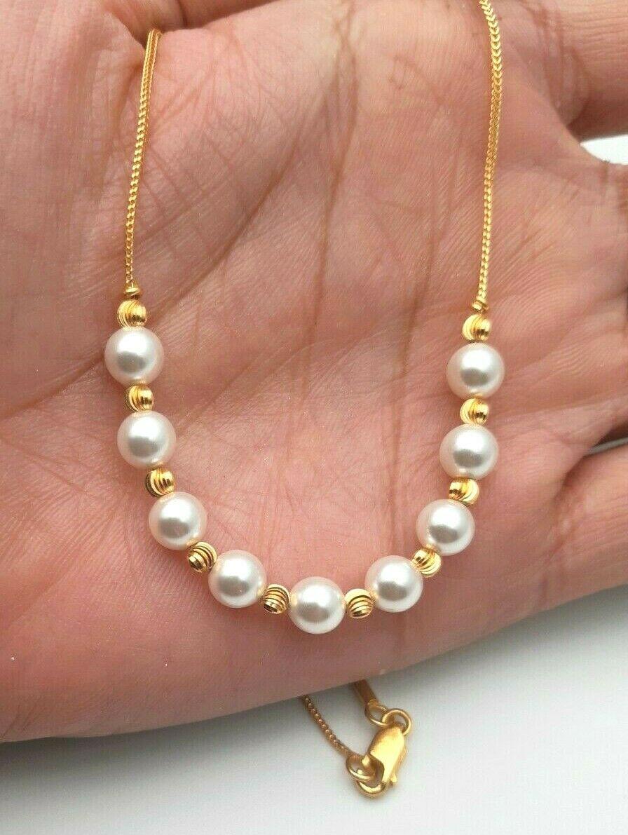 22ct Yellow Gold Swarovski Crystal Pearl Chain Necklace with Matching Earrings