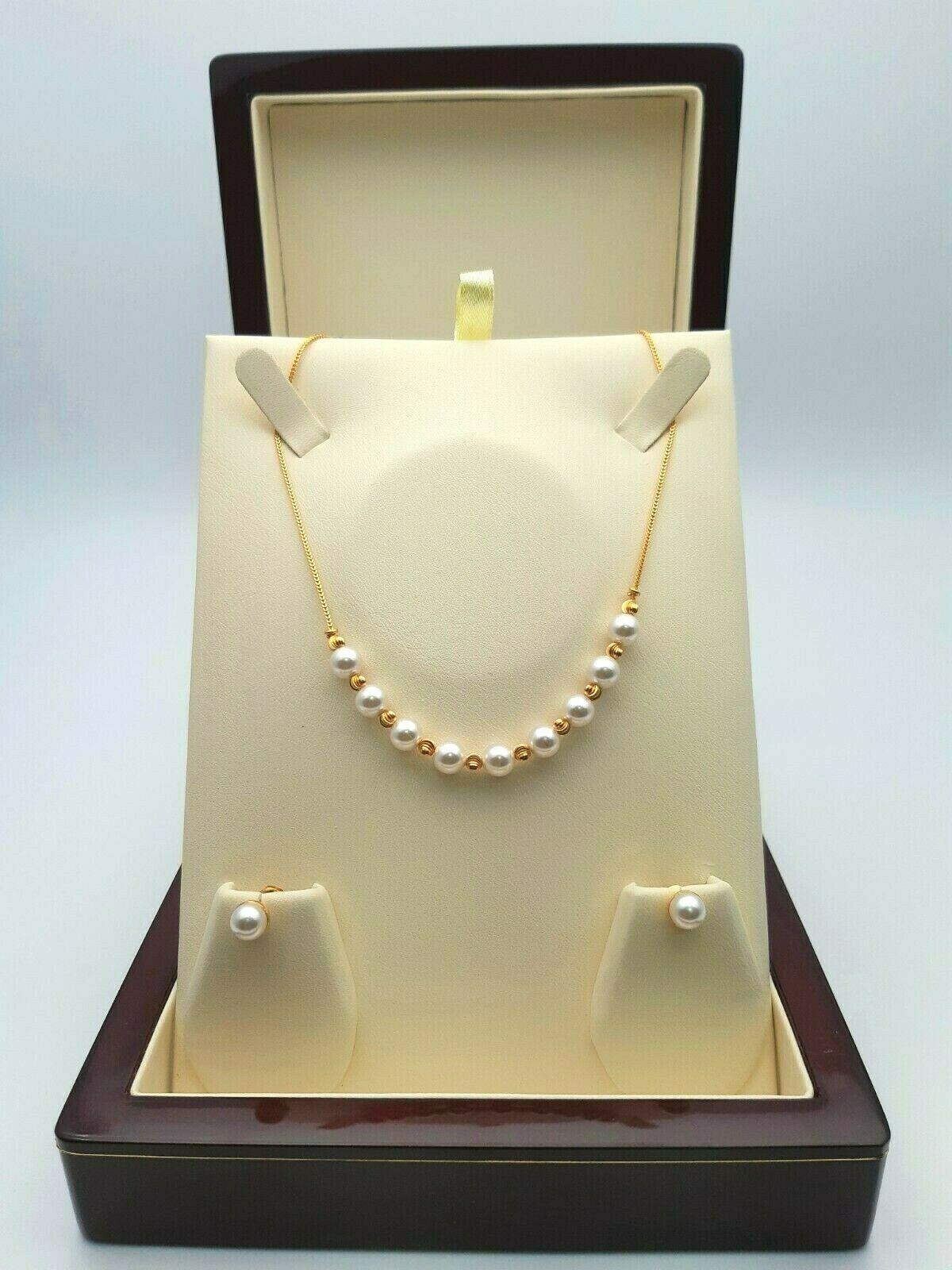 22ct Yellow Gold Swarovski Crystal Pearl Chain Necklace with Matching Earrings