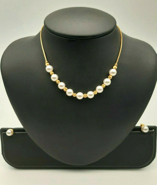 22ct Yellow Gold Swarovski Crystal Pearl Chain Necklace with Matching Earrings