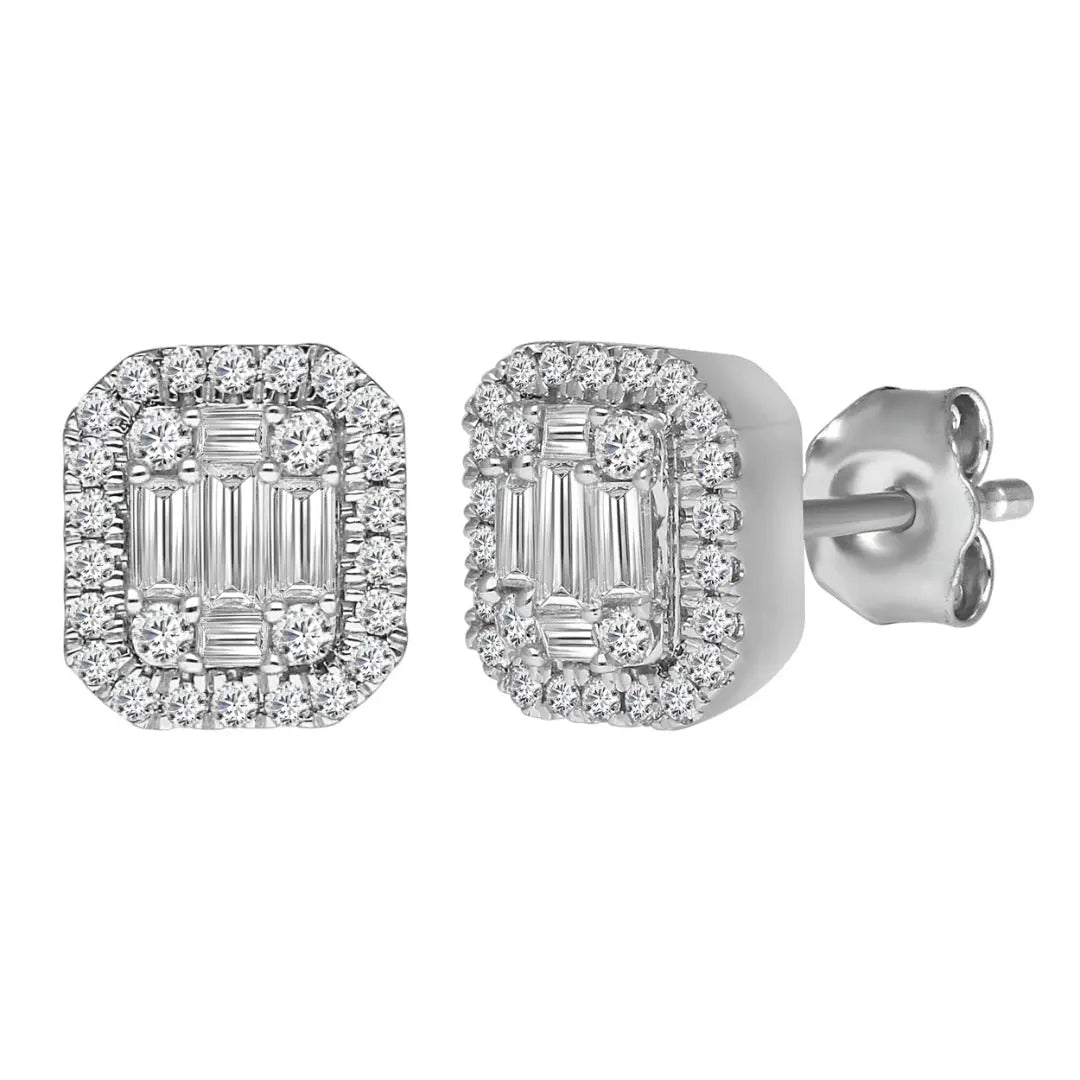 9ct White Gold Natural Diamonds & Baguette Earrings Ear Studs 0.73ct 