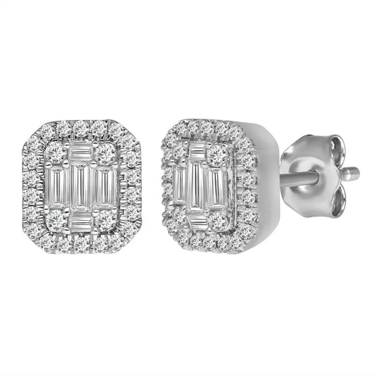 9ct White Gold Natural Diamonds & Baguette Earrings Ear Studs 0.73ct 