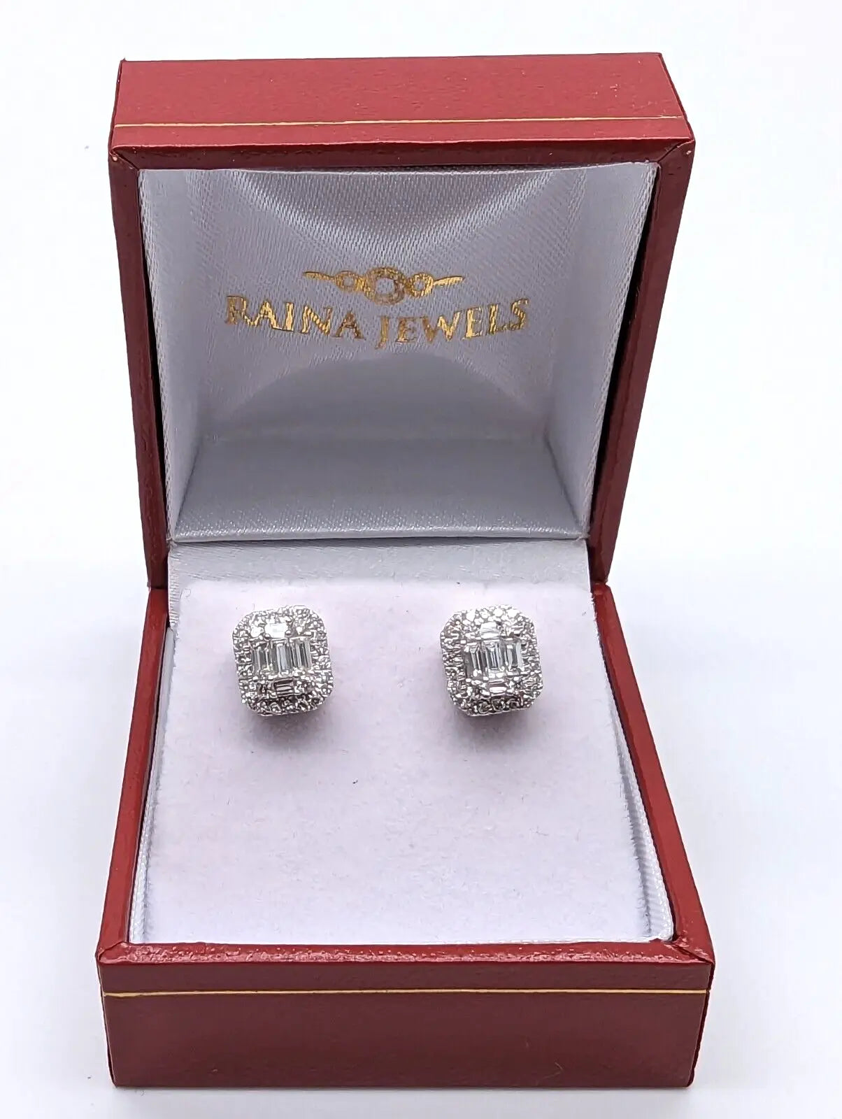 9ct White Gold Natural Diamonds & Baguette Earrings Ear Studs 0.73ct 
