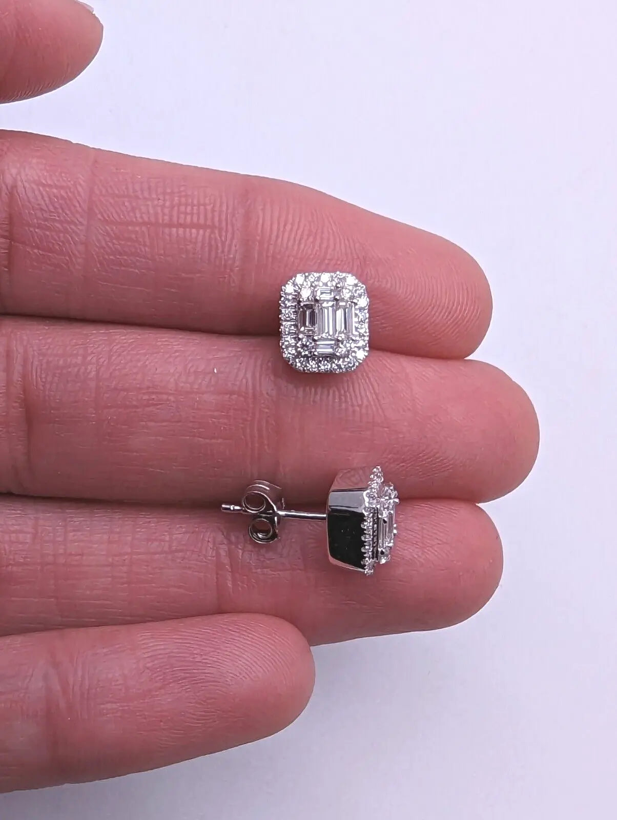 9ct White Gold Natural Diamonds & Baguette Earrings Ear Studs 0.73ct 