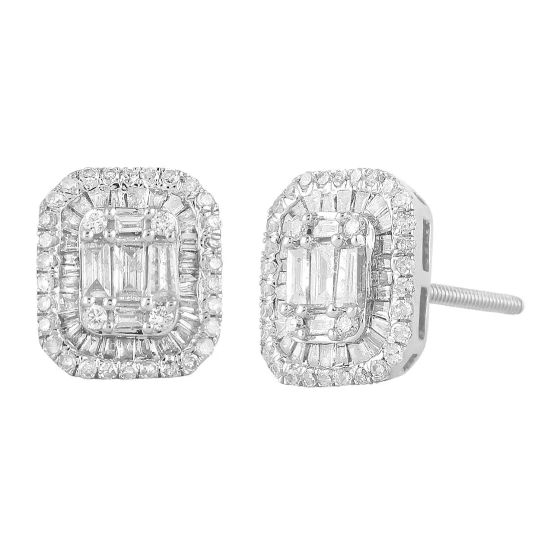 9ct White Gold & Natural Diamonds & Baguette Earrings Ear Studs 0.76ct 